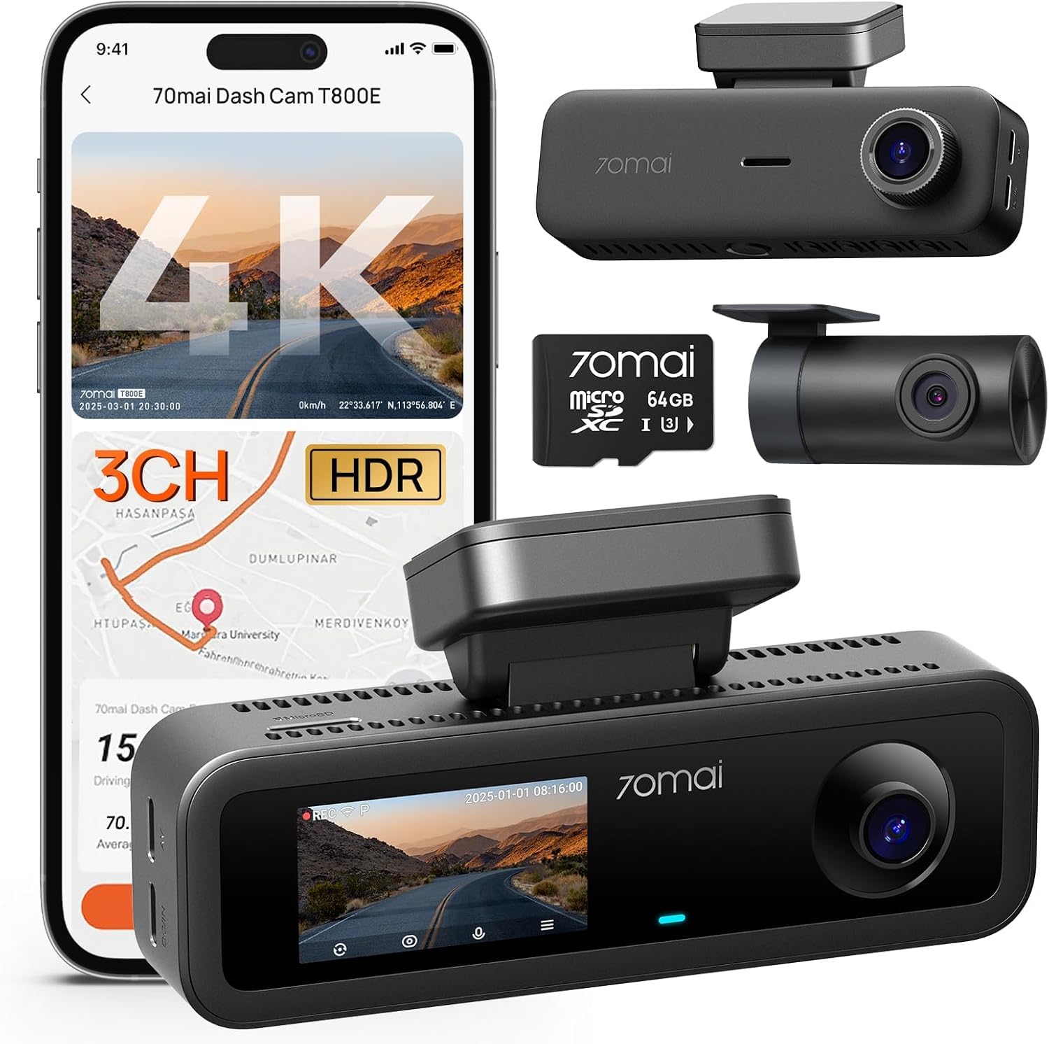70mai 4K Dash Cam Front and Rear Inside, 3 Channel Car Dash Camera for Cars, Das