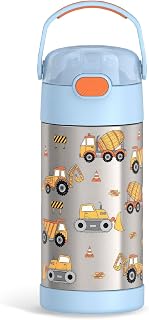 THERMOS FUNTAINER Water Bottle with Straw, 12oz, Construction | Kids Stainless Steel Insulated Water Bottle, Keeps Drinks Cold Longer for School & Play, BPA-Free