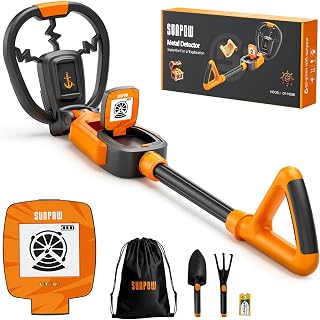 SUNPOW Kids Metal Detector with Treasure Animation & Waterproof Coil - Adjustable Stem (60-70cm) - Kit Includes Shovel, Rake, Bag for Boys & Girls 6-12 for Beach, Park, Backyard