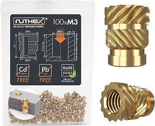 ruthex M3 Threaded Inserts - 100 Pieces RX-M3x5.7 Brass Heat Set Insert for Plastic Parts - Metric knurled Nuts - Insert by Heat into 3D Printing Components