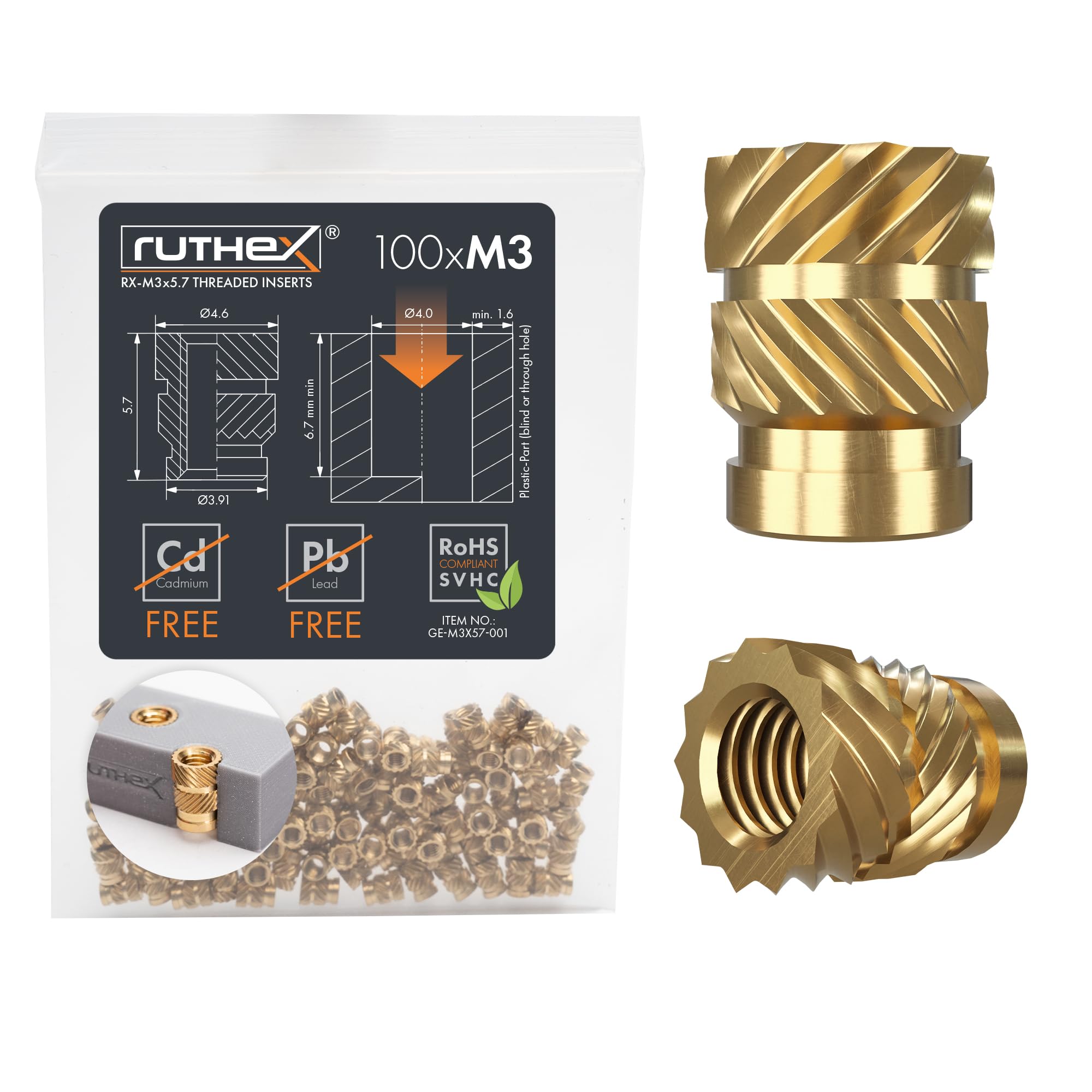 ruthex M3 Threaded Inserts - 100 Pieces RX-M3x5.7 Brass Heat Set Insert for Plas