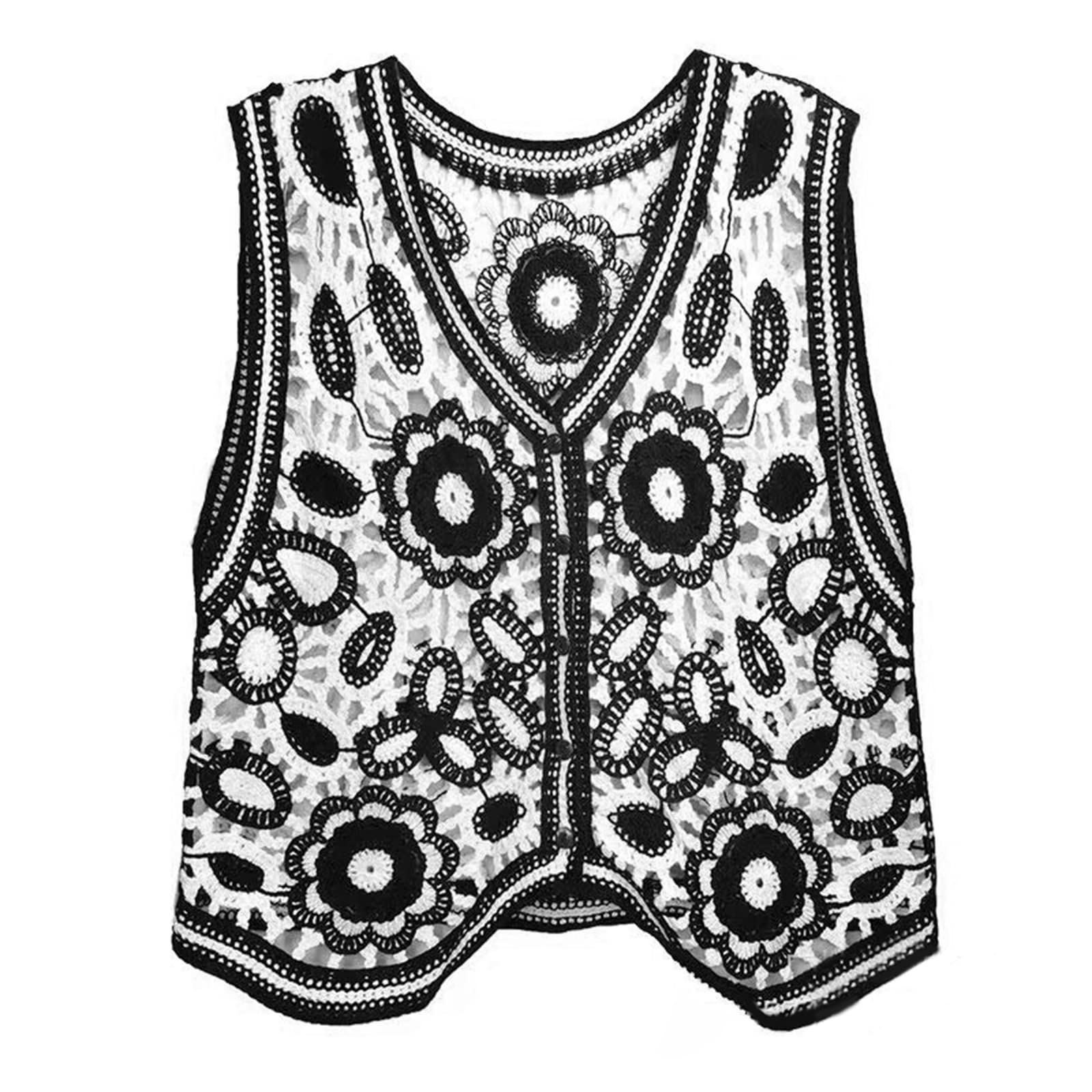 Women Hollow Knit Crochet Floral V Neck Vest Waistcoat Cropped Cardigan French L