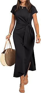 ANRABESS Womens Summer Maxi Dress Casual Crew Neck Tie Waist Split Wrinkle-Free Fit Long Fashion Vacation Dresses 2026 Spring