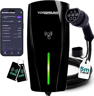 VORSPRUNG® Alpha Max 7.4kW EV Charger | WiFi, Ethernet & RFID | Type 2 | Tethered | Single Phase | Solar Charging | Home EV Charger | IP65, 5m Cable, Variable Power, PEN Protection | 3 Year Warranty
