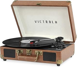 Victrola Journey - Bluetooth Suitcase Record Player - Brown | Built-in stereo speakers, 3-speed turntable plays 7", 10" and 12" records, Bluetooth streaming, headphone jack