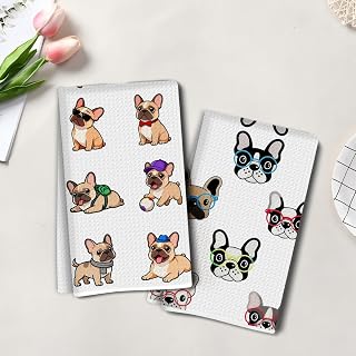 2 Cute Dog Artistic Kitchen Towels, Super Absorbent Tea Hand Towel, Dish Drying Microfiber Cloth, Waffle Dish Towel for Kitchen Bathroom, Gift for Dog Lovers