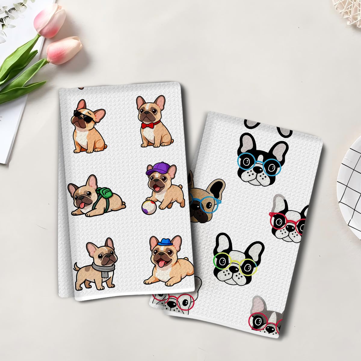 2 Pieces Artistic Cute Dog Tea Towels, Super Absorbent Tea Towel/Hand Towel, Mic