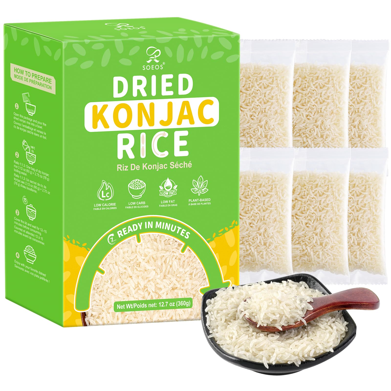 Soeos Dried Konjac Rice, 6-Pack (60g Each, 12.7oz),Individual Portion Shirataki 