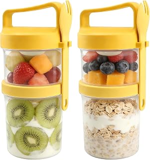 2 Pack Overnight Oats Containers with lids, 31 oz Dual-Layer yogurt containers with Folding Spoons, Separate Dry & Wet Storage Design, Plastic Yogurt Parfait Cups for Snack and Meal Prep