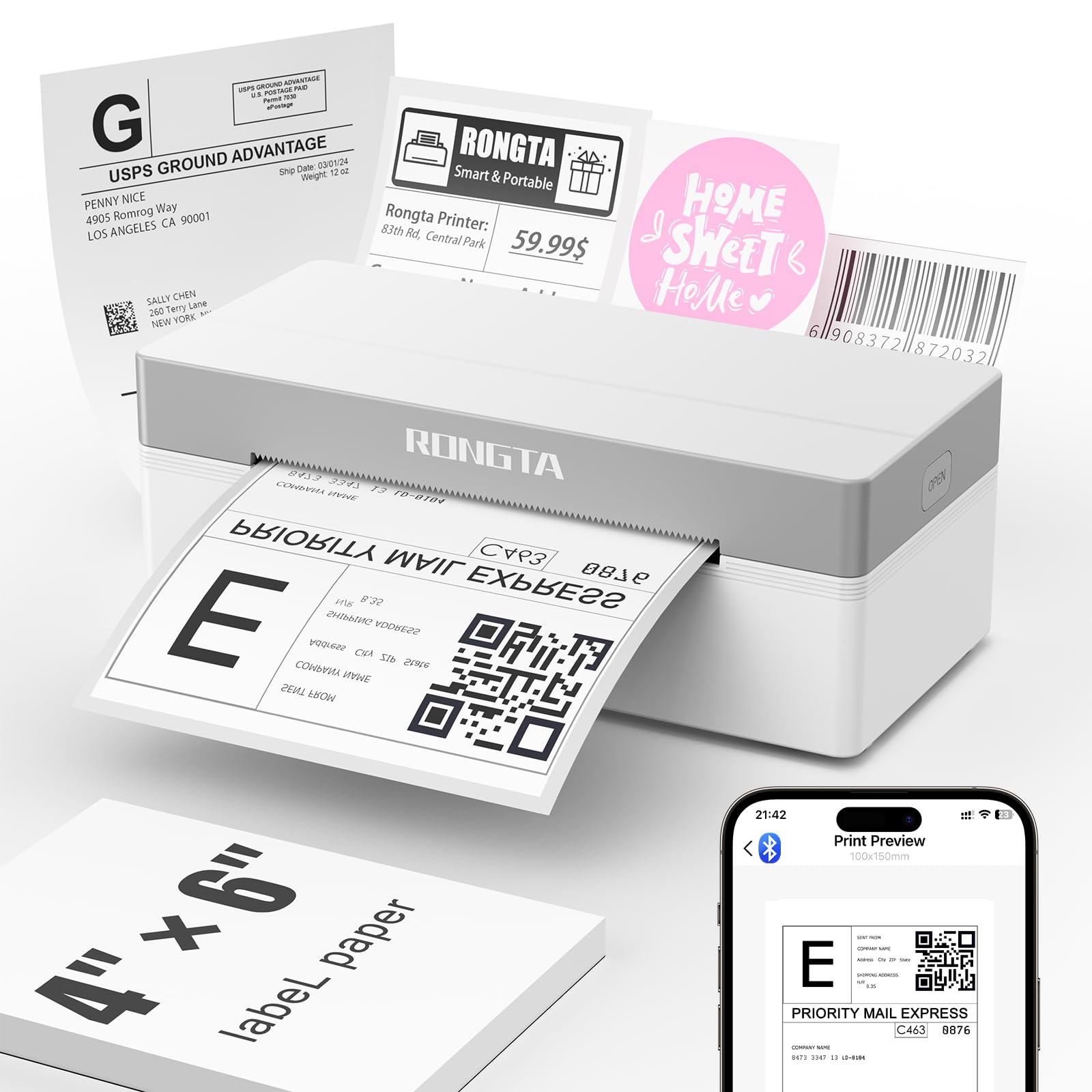 Rongta Shipping Thermal Label Printer, Bluetooth 4x6 Sticker Label Maker Wireles