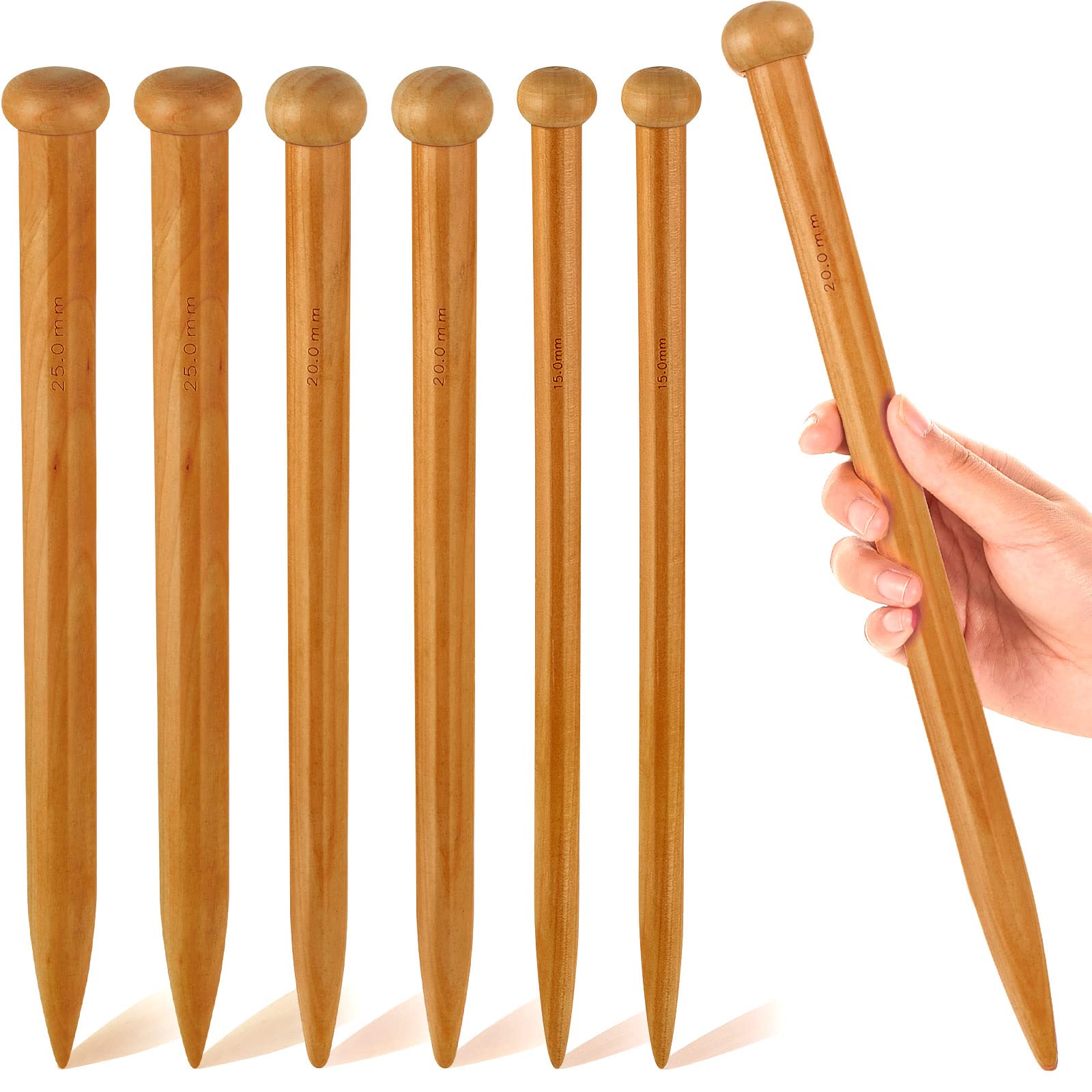 MTLEE 6 Pcs 14 Inch Large Wooden Knitting Needles Straight, 15mm 20mm 25mm