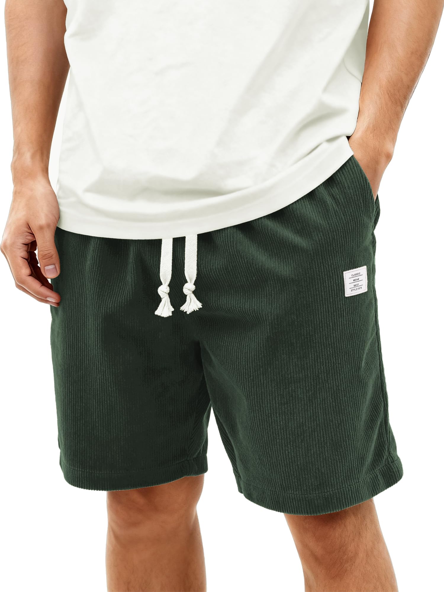 HOTake Mens Corduroy Shorts Casual 7" Elastic Waist Drawstring Summer Beach Loos