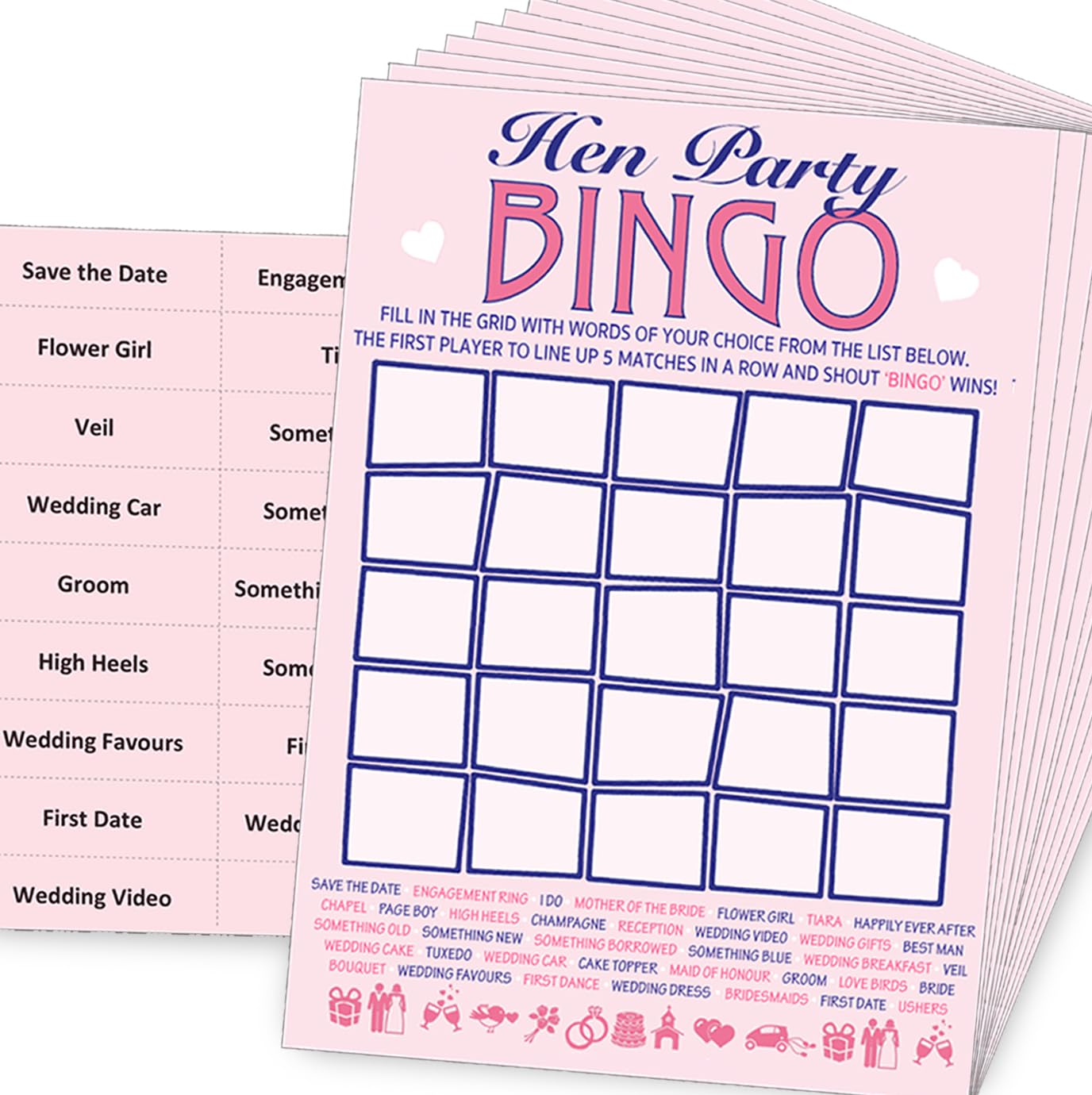 Hen Party Bingo Game – 20 Players with Calling Cards – Fun Pink Hen Do Game | 20