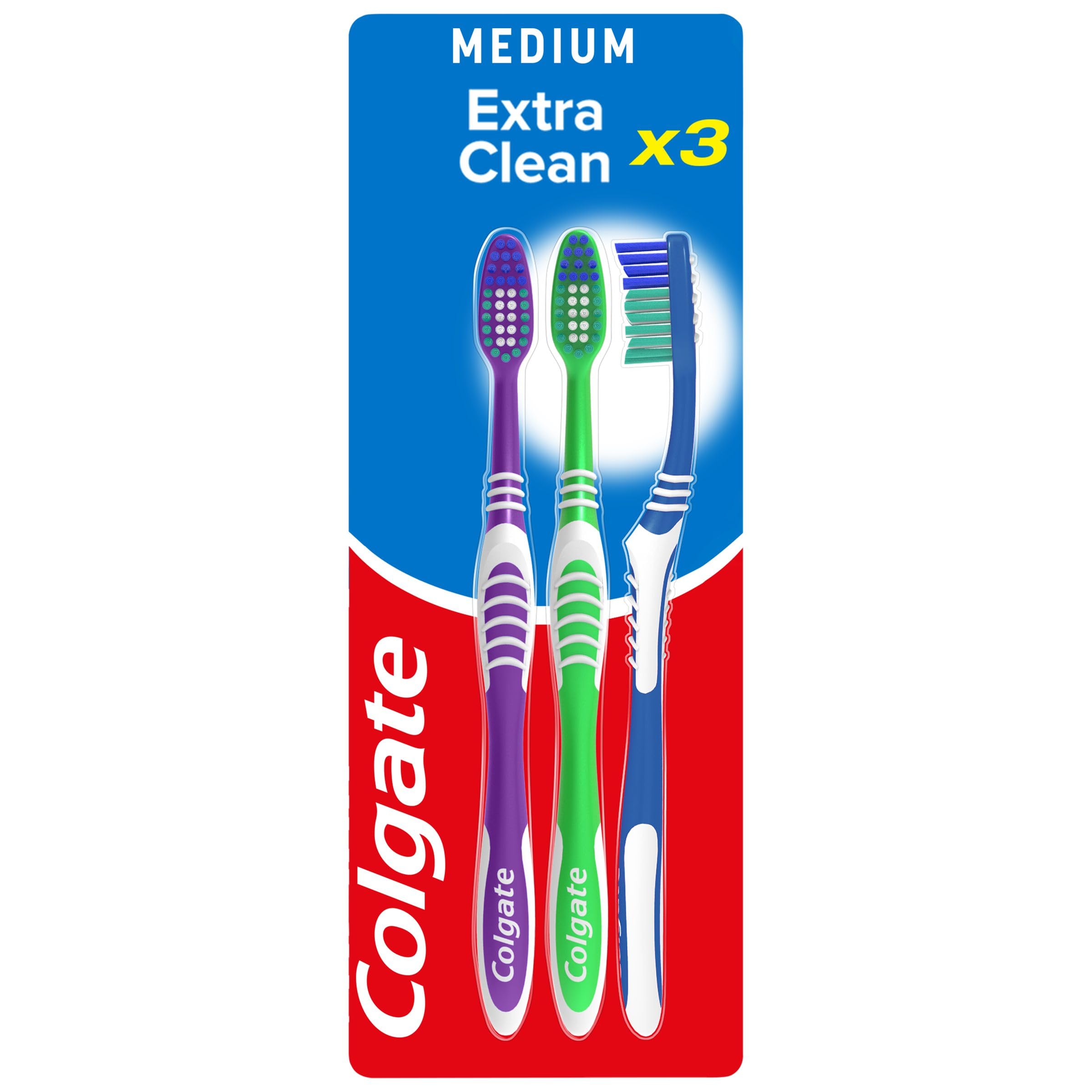 Colgate Extra Clean Medium Manual Toothbrush 3pk | With a Cleaning Tip for Back 