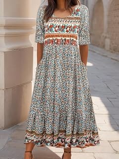 Women Short Sleeve V Neck Floral Casual Pockets Maxi Dress