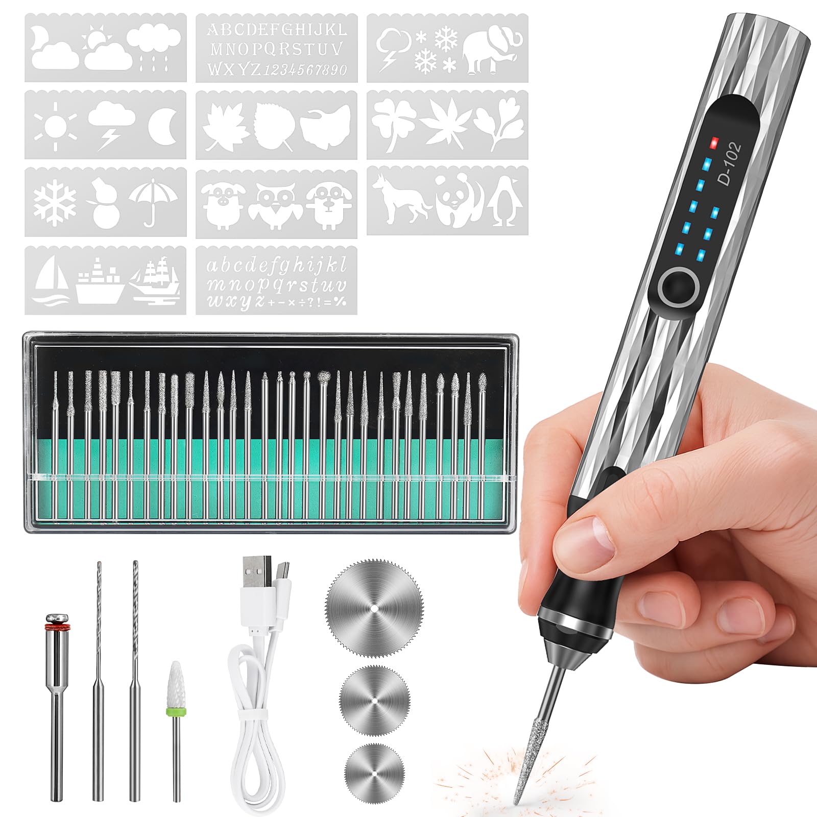 Engraving Pen, 3-Speed USB Rechargeable Cordless Tool, Silver | 37 Bits for Wood