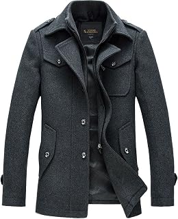 chouyatou Men's Stand Collar Wool-Blend Classic Pea Coat with Removable Inner Collar