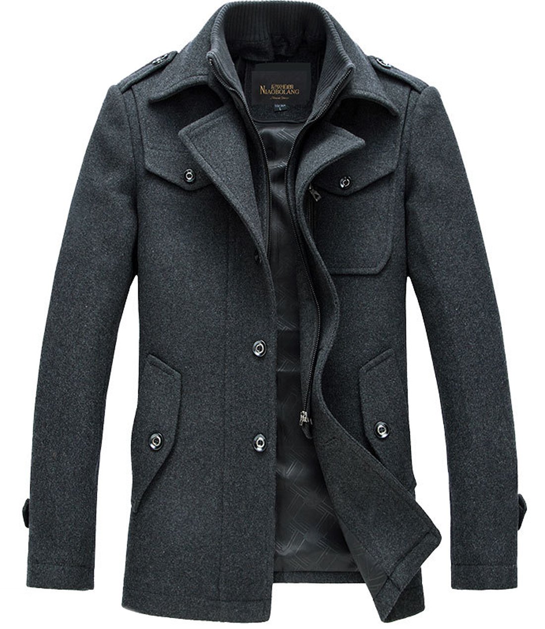 chouyatou Men's Stand Collar Wool-Blend Classic Pea Coat with Removable Inner Co