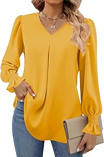 Funlingo Women's 2026 Long Sleeve Tops Dressy Casual V Neck Tunic Shirts Loose Chiffon Work Blouse