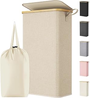 Lifewit 75L Slim Laundry Basket with Lid, Narrow, Removable Bag, Beige
