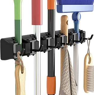 Lifewit Broom Mop Holder Wall Mounted, 1 Pack, Black | Broom and Brush Storage Solutions with 5 Slot 6 Hooks, Tool Organiser fits Utility Room, Kitchen, Garden, Bathroom, Cupboard