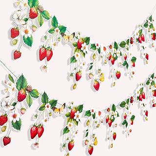 Strawberry Garland Banner Berry First Birthday Decor Strawberry Wildflower for Spring Enchanted Garden Party Strawberry Theme Birthday Decoration for Girl Sweet Baby Shower Spring Garden Tea Party(8.2ft)