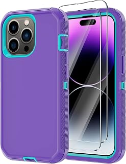for iPhone 14 Pro Max Case with 2 Screen Protector, Heavy Duty Shockproof Drop Proof Military Rugged 3-Layer Tough Durable Protective Cover for Apple iPhone 14 Pro Max 6.7" (Purple/Blue)