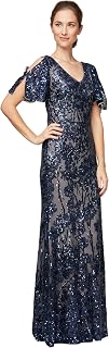 Alex Evenings Women's Long Mother of The Bride Sequin Dress with Cold Shoulder Flutter Sleeves (Petite and Regular Sizes)