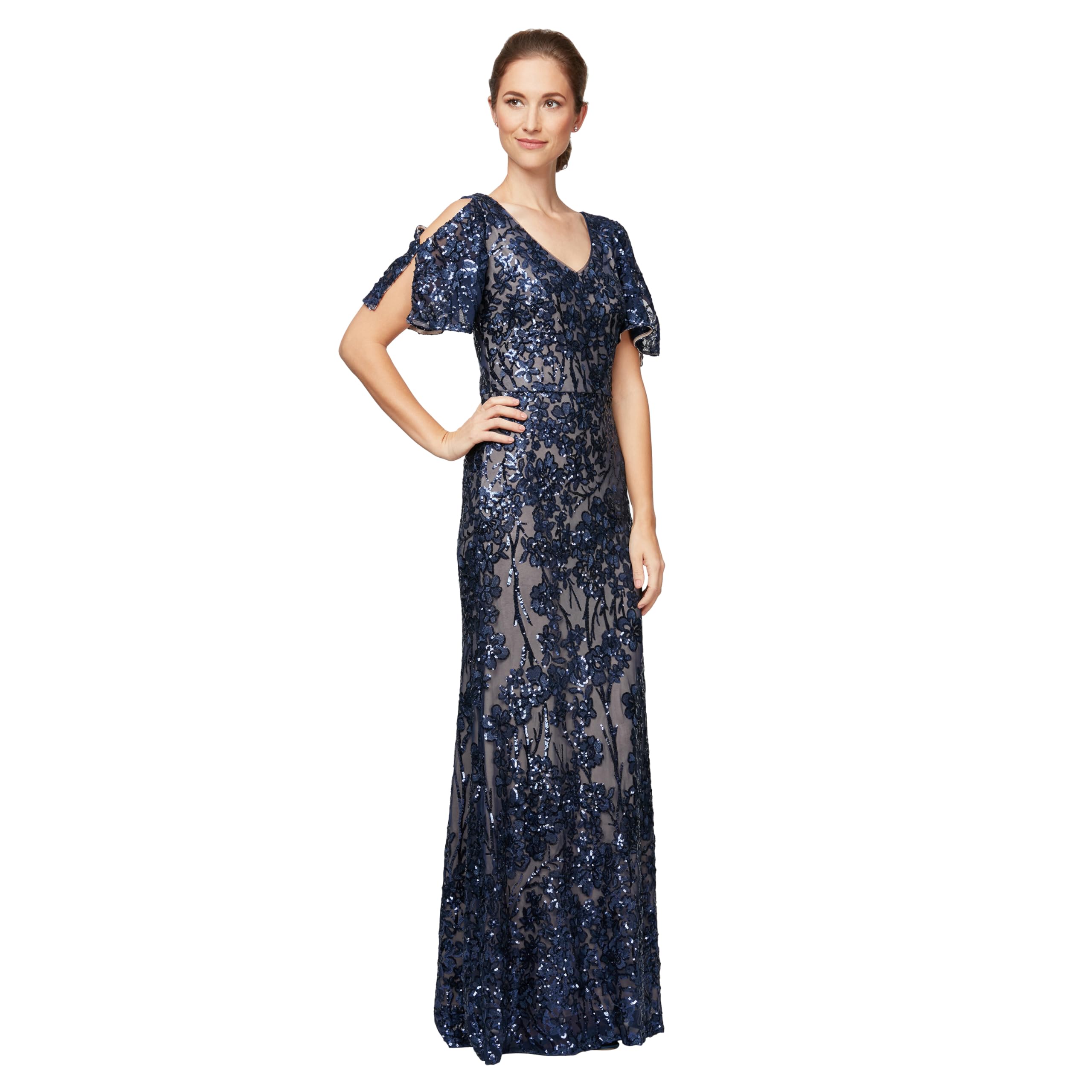 Alex Evenings Women's Long Mother of The Bride Sequin Dress with Cold Shoulder F