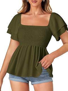 LYANER Women's Square Neck Smocked Peplum Top Ruffle Short Sleeve Babydoll Shirred Blouse