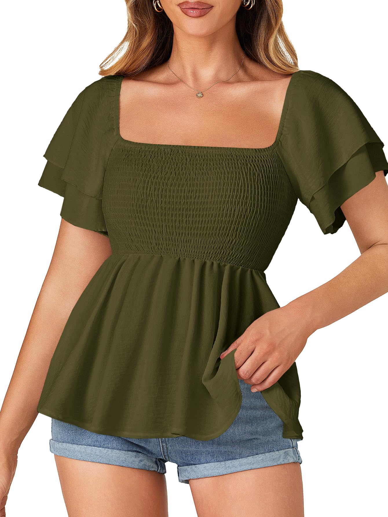LYANER Women's Square Neck Smocked Peplum Top Ruffle Short Sleeve Babydoll Shirr