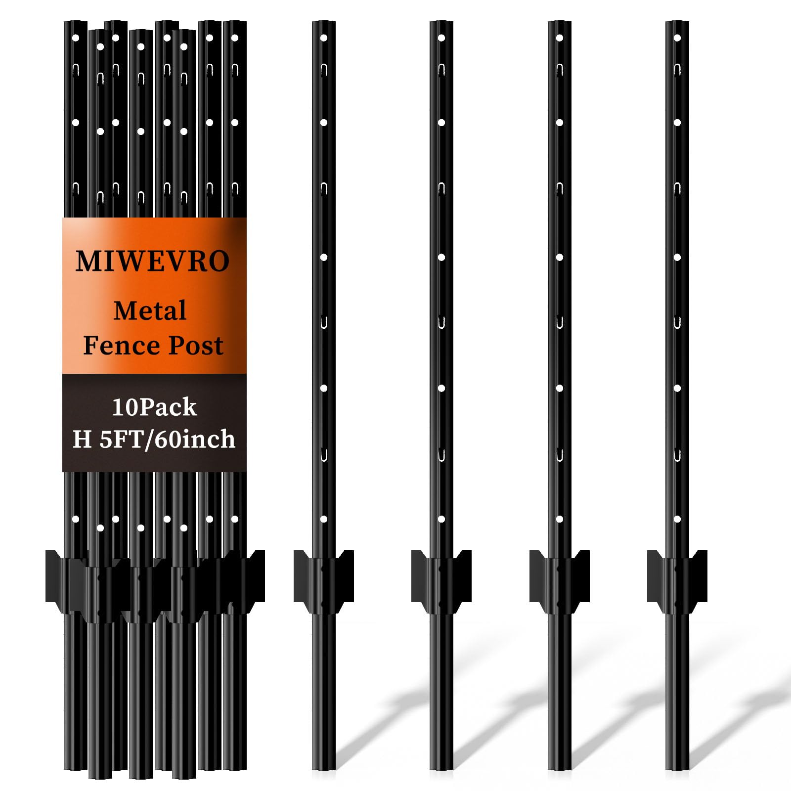 Metal Garden Fence Posts– Heavy Duty U-Post for Wire Fencing, 5 FT Black | 10 Pa