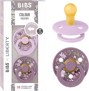 BIBS Liberty Colour Dummy, 0-6 mo., 2-Pack, Chamomile Lawn Violet Sky/Mauve | Round Natural Rubber Teat | Size 1 | BPA-Free | Made in Denmark | High Teat Acceptance | Airflow Holes | Comfort Shield