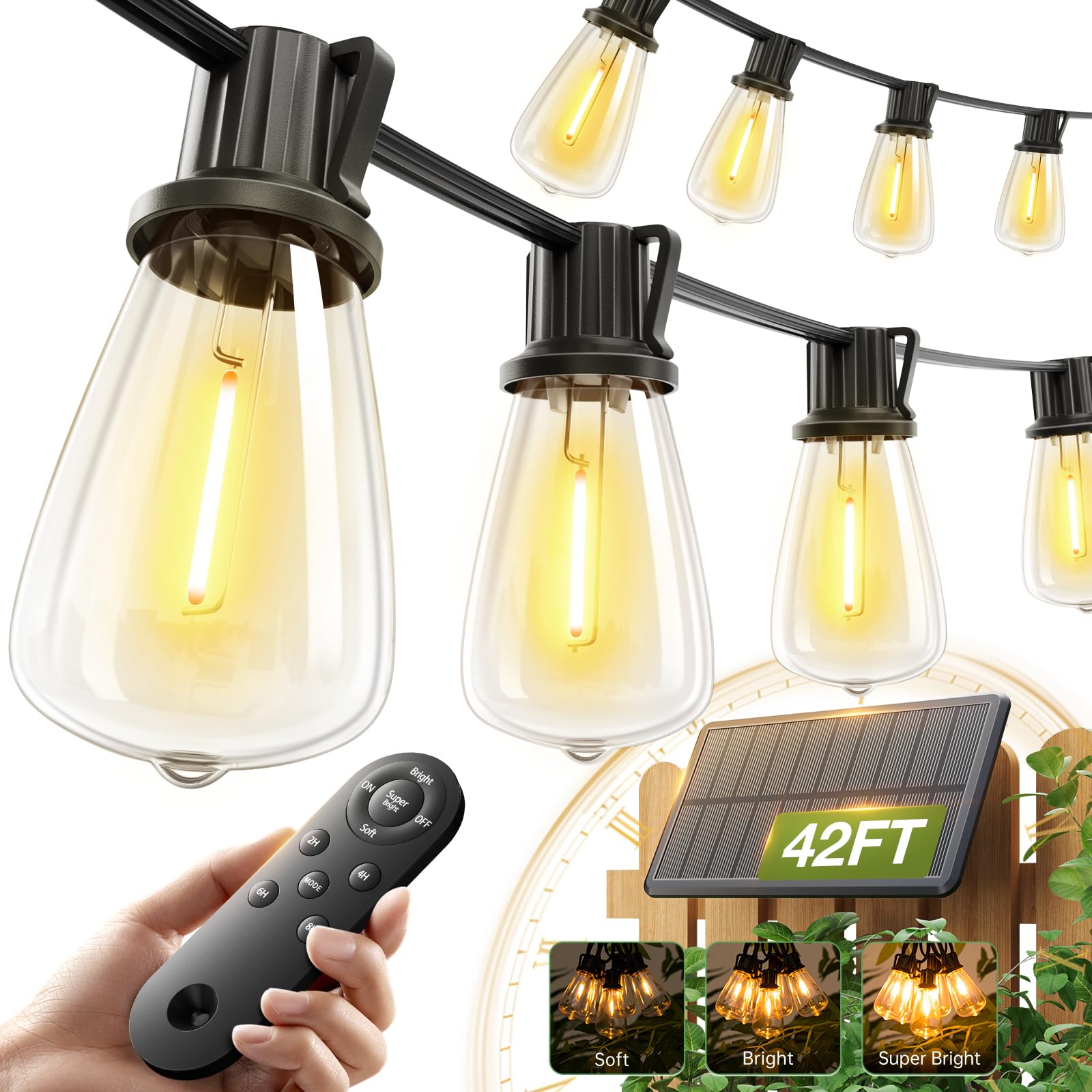 addlon 42FT(36FT+6) Solar String Lights Outdoor, Waterproof, USB Charging