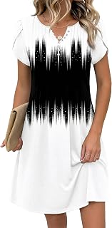 Zeagoo Women's Casual Dresses with Pockets Summer Floral V-Neck A-Line Tshirt Dress Short Sleeve Mini Dress Beach Sundress