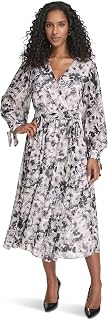 Calvin Klein Vestido midi de gasa de manga larga con cuello en V y cintura elástica para mujer