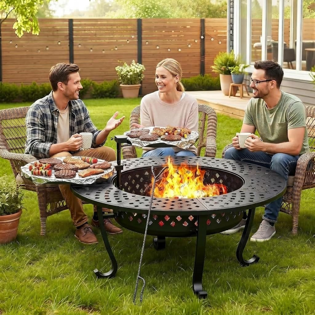 43" Large Fire Pit for Outside with 2 Adjustable Grills,Lid & Fire Poker | Big W