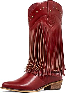 SheSole Fringe Cowboy Boots for Women Wide Mid Calf Cowgirl Boots with Studded, Pointed Toe Chunky Heel Trendy Western Boot