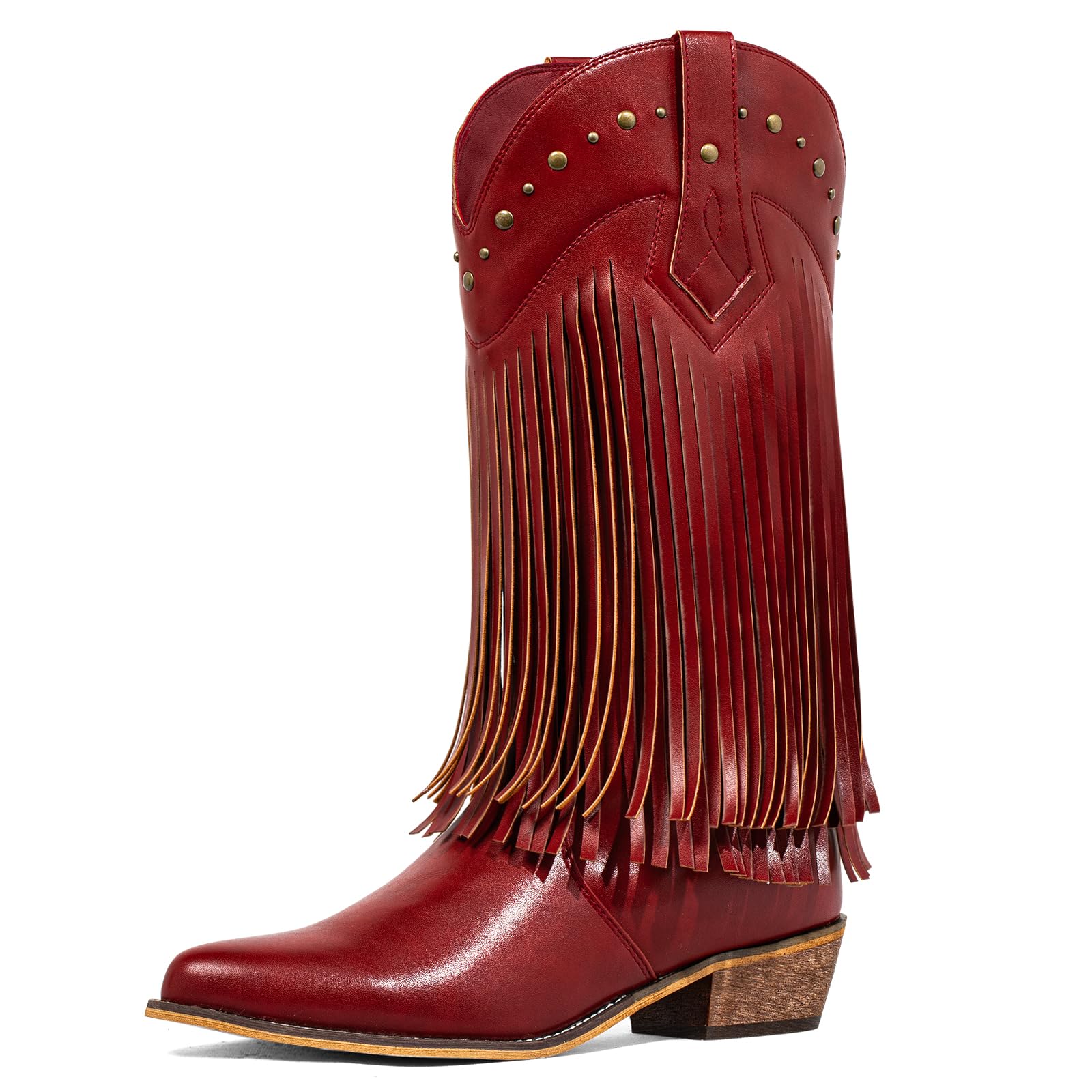 SheSole Fringe Cowboy Boots for Women Wide Mid Calf Cowgirl Boots with Studded, 