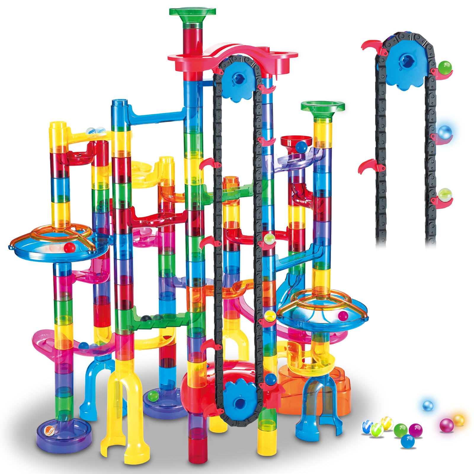 Tucrae 224 PCS Marble Runs Toys with Automatic Elevator Glowing Marble Maze Buil