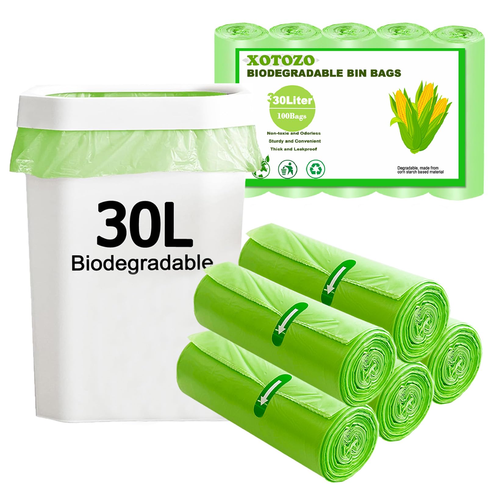 30L Biodegradable Bin Liners 100 Bags, 8Gallon/30 Litre Food Waste Bags