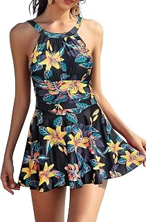 SHEKINI Ladies Elegant One Piece Swimsuit High Neck Ruched Swimming Dress With Slip Inside Belly Path Pleated Bathing Suit Plus Size Tankini