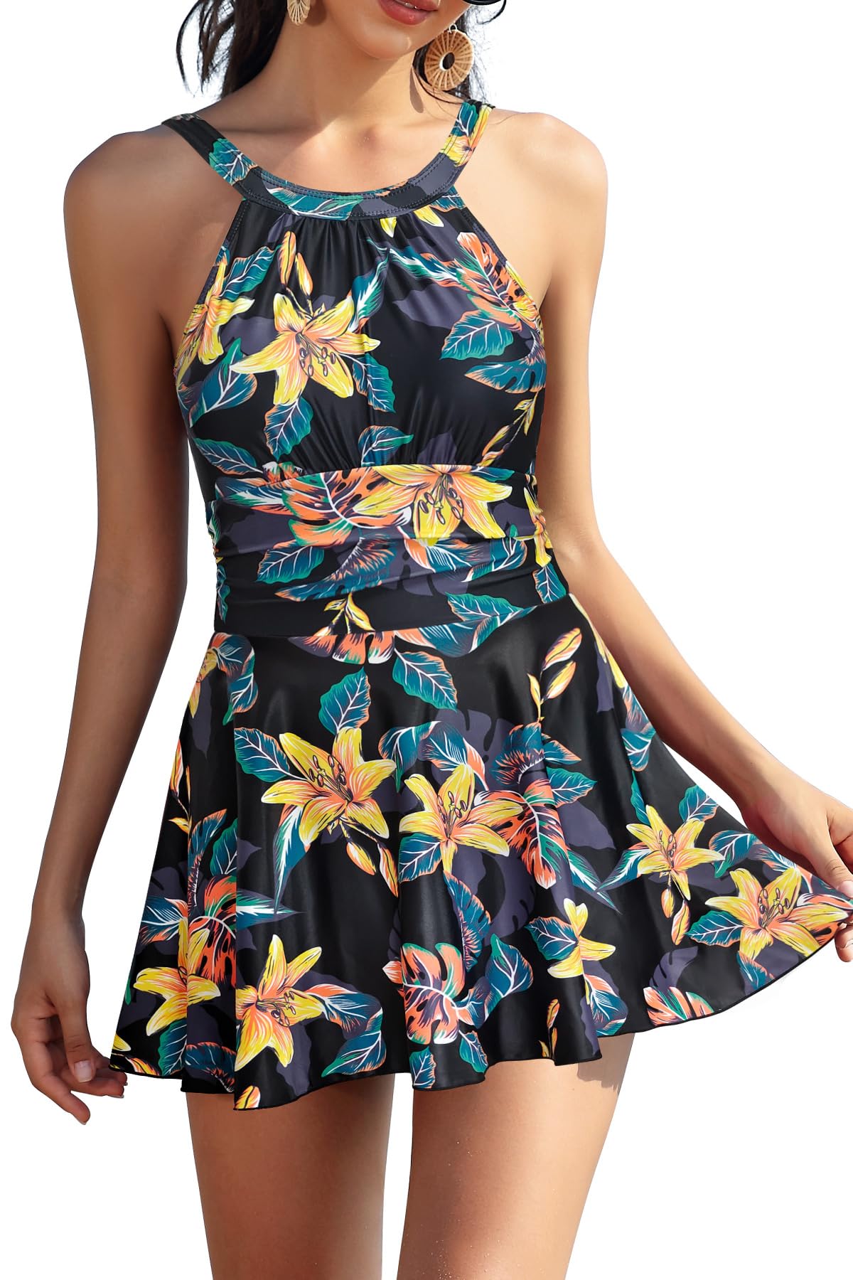 SHEKINI Ladies Elegant One Piece Swimsuit High Neck Ruched Swimming Dress With S