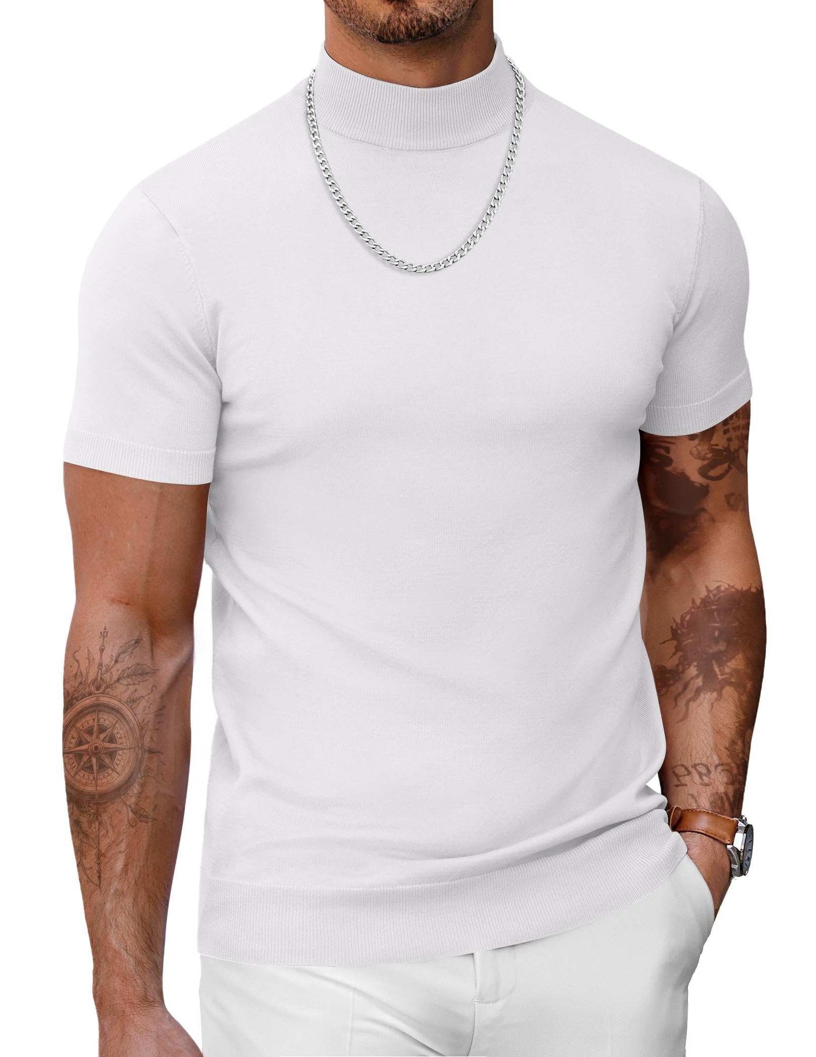 COOFANDY Men's Knitted T Shirt Turtleneck Short Sleeve Slim Fit Slim Fit Casual 