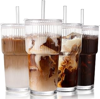 Iced Coffee Cups with Lids,Glass Cups with Lids and Straws,4 Coffee Tumbler | 20oz Coffee Cups with Lids,Coffee Bar Accessories,Kitchen Tumbler with Straw,Travel Coffee Cup,Cute Iced Coffee Tumbler,Cups