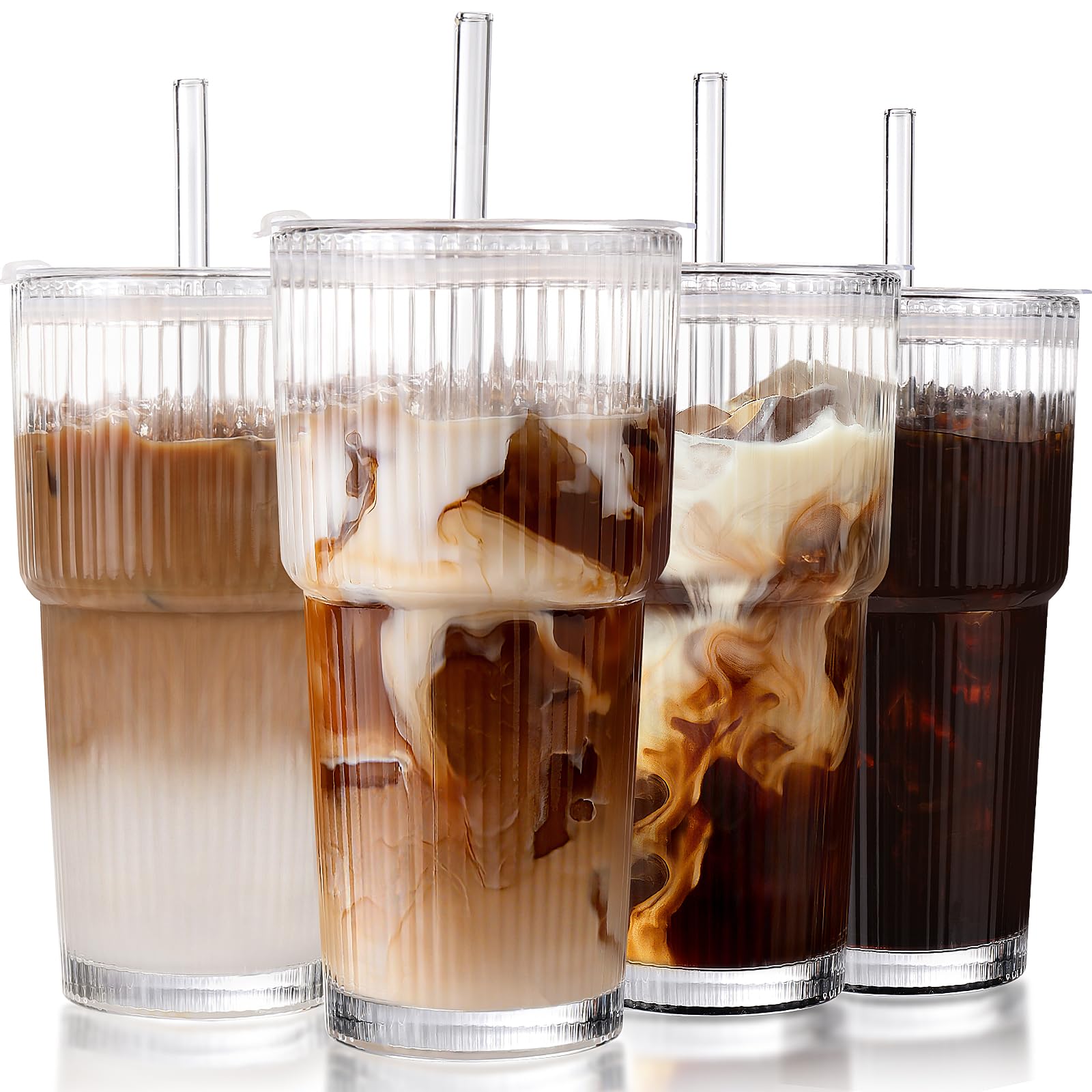Iced Coffee Cups with Lids,Glass Cups with Lids and Straws,4 Coffee Tumbler | 20