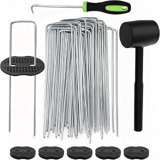 Wohohoho 102Pcs 6 Inches Landscape Staples with Gasket Kit. 50Pcs U-Shaped Garden Stakes and Plastic Fixing Gasket, with Pick Hook and Black Hammer. Pins for Tent Turf Weed Barrier Fabric Hose Fence