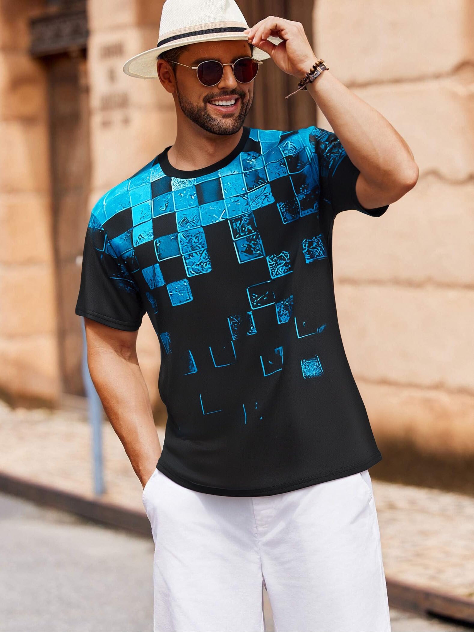 Maglietta da uomo con stampa astratta, girocollo, casual, a maniche corte, vinta