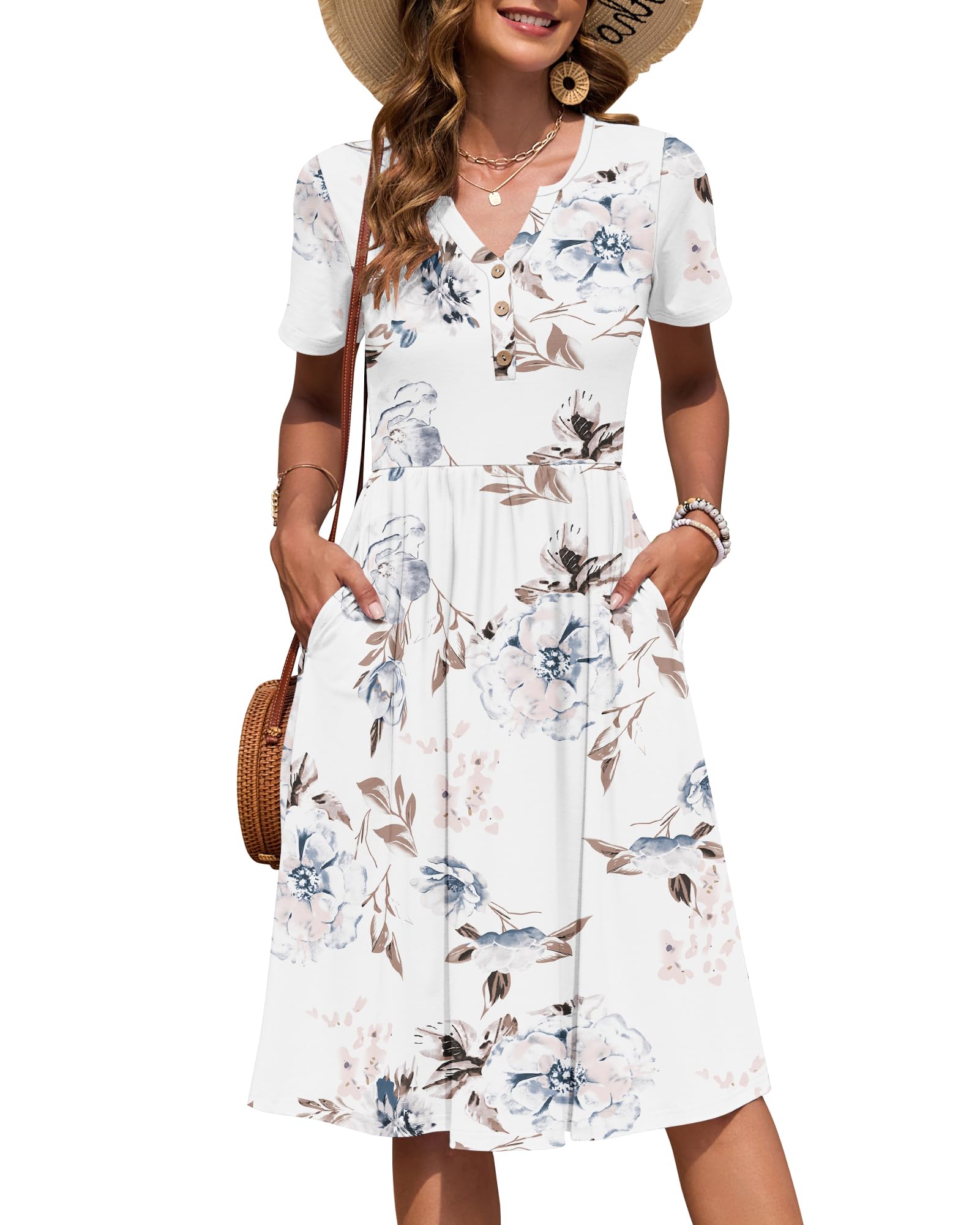 AUSELILY Women's Short Sleeve Summer Dress Knee Length Pockets