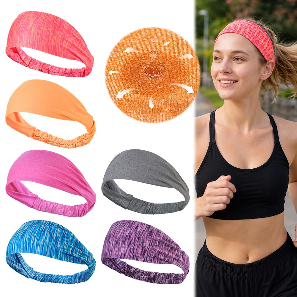 Dreamlover Sweat Wicking Workout Headbands for Women, 6 Pieces